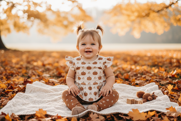 Baby in pumpkin outfit with fall background