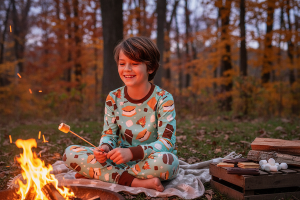 Boy in S'mores PJs by campfire