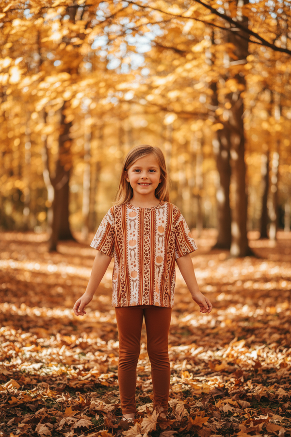 Girl in exact pumpkin bow print shirt